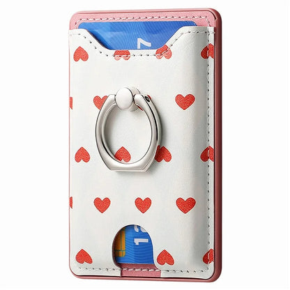 KB-46 Stick-On Card Holder Love Heart Pattern Leather Card Bag Finger Grip Kickstand