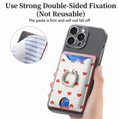 KB-46 Stick-On Card Holder Love Heart Pattern Leather Card Bag Finger Grip Kickstand