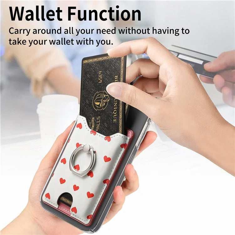KB-46 Stick-On Card Holder Love Heart Pattern Leather Card Bag Finger Grip Kickstand