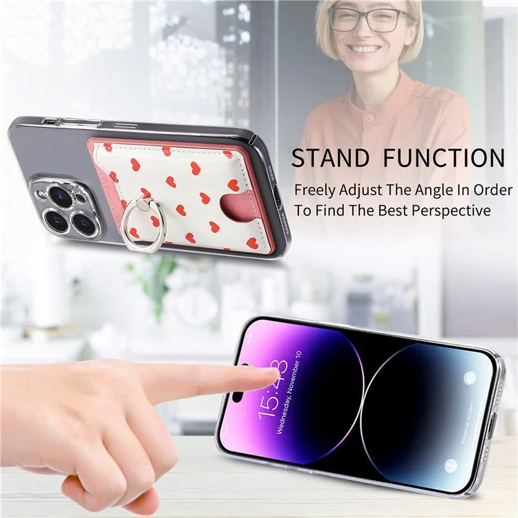 KB-46 Stick-On Card Holder Love Heart Pattern Leather Card Bag Finger Grip Kickstand