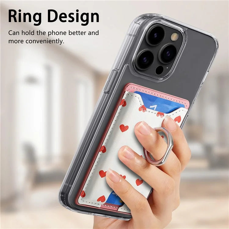 KB-46 Stick-On Card Holder Love Heart Pattern Leather Card Bag Finger Grip Kickstand