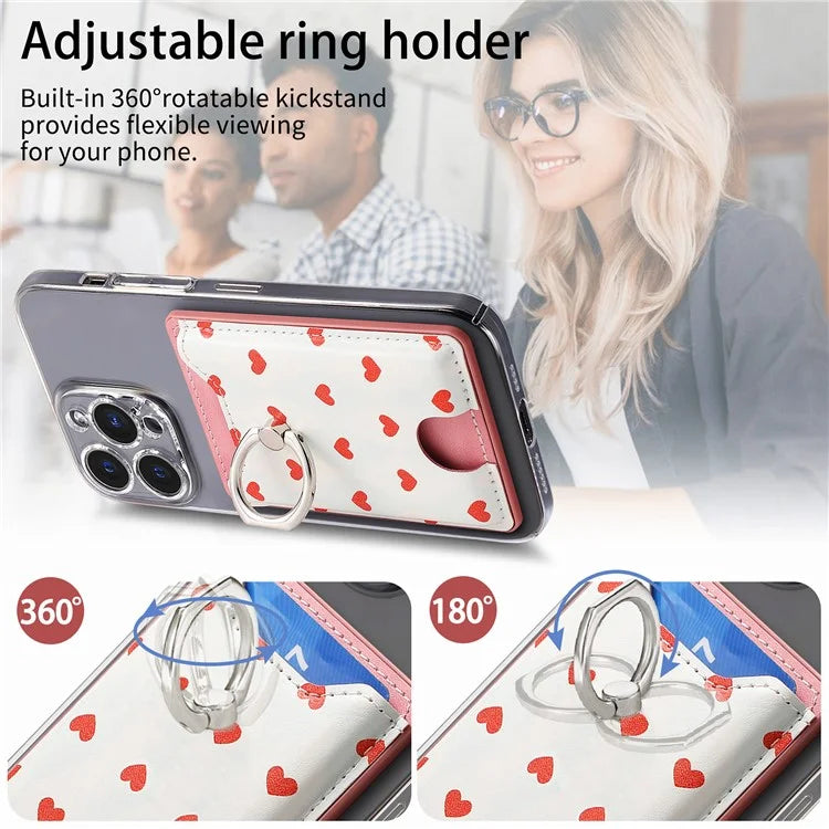 KB-46 Stick-On Card Holder Love Heart Pattern Leather Card Bag Finger Grip Kickstand