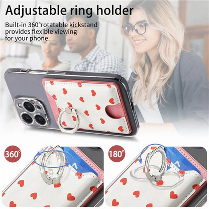 KB-46 Stick-On Card Holder Love Heart Pattern Leather Card Bag Finger Grip Kickstand