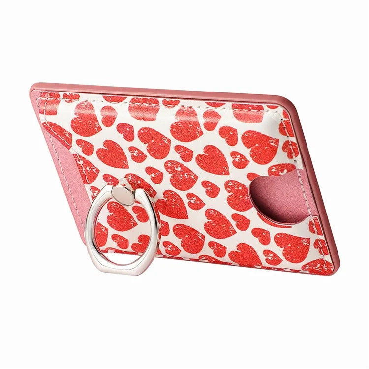 KB-46 Stick-On Card Holder Love Heart Pattern Leather Card Bag Finger Grip Kickstand
