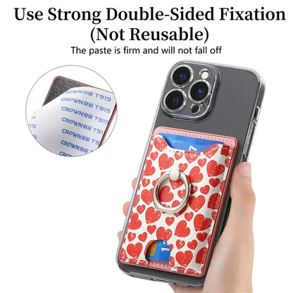 KB-46 Stick-On Card Holder Love Heart Pattern Leather Card Bag Finger Grip Kickstand