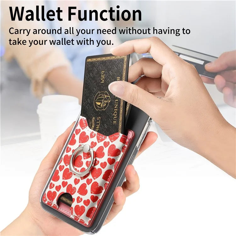 KB-46 Stick-On Card Holder Love Heart Pattern Leather Card Bag Finger Grip Kickstand