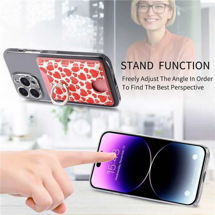 KB-46 Stick-On Card Holder Love Heart Pattern Leather Card Bag Finger Grip Kickstand