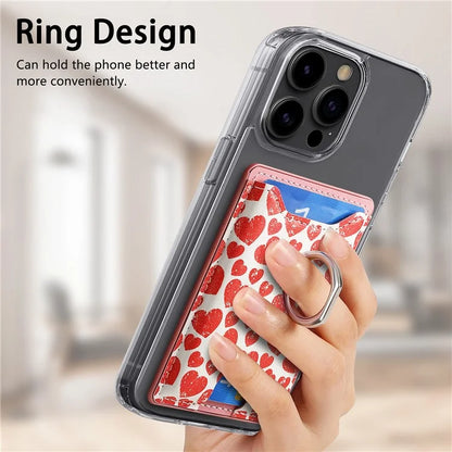 KB-46 Stick-On Card Holder Love Heart Pattern Leather Card Bag Finger Grip Kickstand