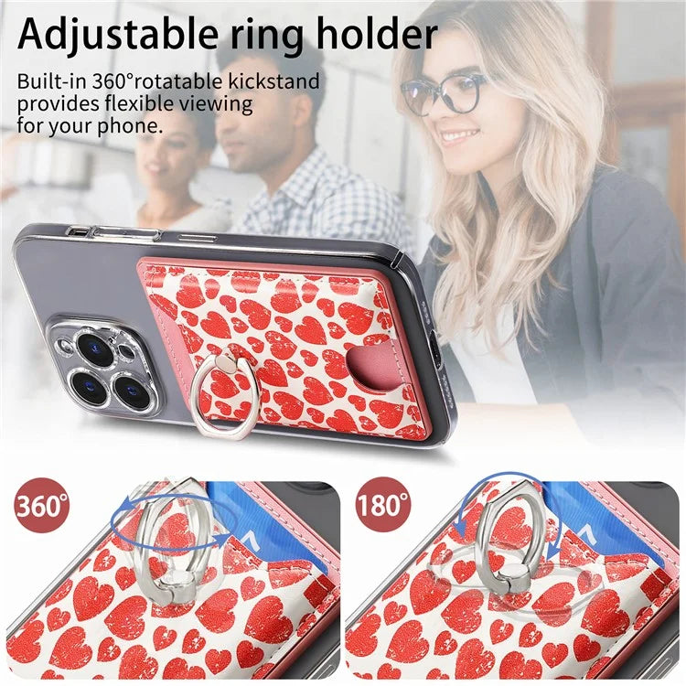 KB-46 Stick-On Card Holder Love Heart Pattern Leather Card Bag Finger Grip Kickstand