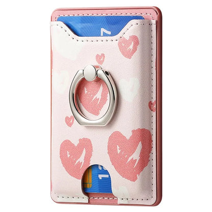 KB-46 Stick-On Card Holder Love Heart Pattern Leather Card Bag Finger Grip Kickstand