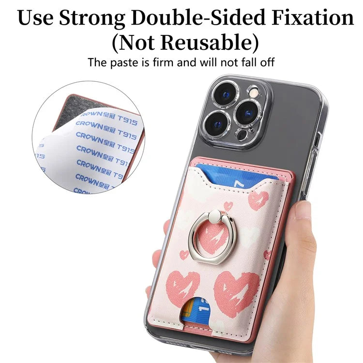 KB-46 Stick-On Card Holder Love Heart Pattern Leather Card Bag Finger Grip Kickstand