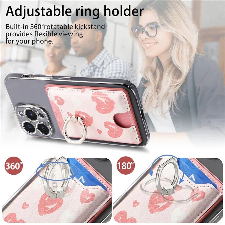 KB-46 Stick-On Card Holder Love Heart Pattern Leather Card Bag Finger Grip Kickstand