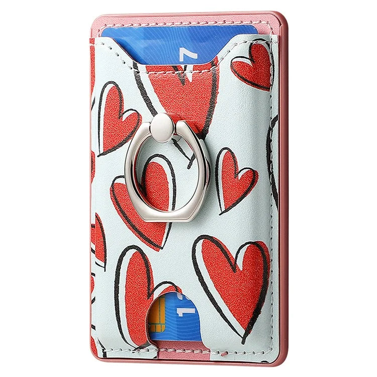 KB-46 Stick-On Card Holder Love Heart Pattern Leather Card Bag Finger Grip Kickstand