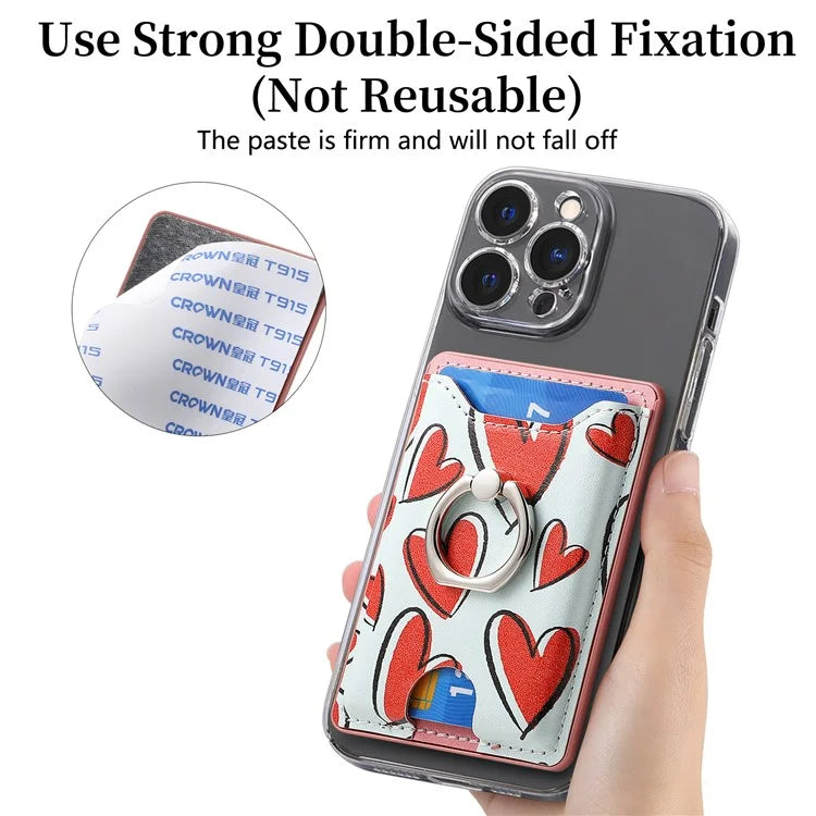 KB-46 Stick-On Card Holder Love Heart Pattern Leather Card Bag Finger Grip Kickstand