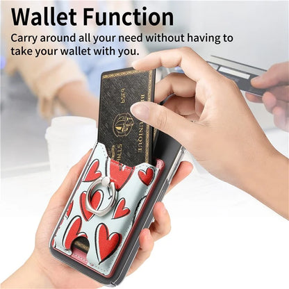 KB-46 Stick-On Card Holder Love Heart Pattern Leather Card Bag Finger Grip Kickstand