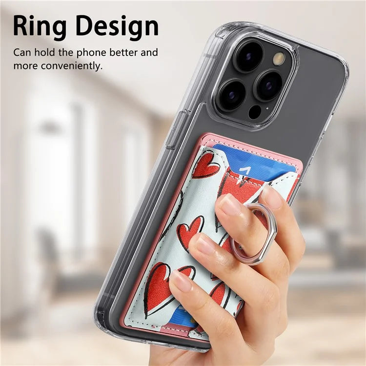 KB-46 Stick-On Card Holder Love Heart Pattern Leather Card Bag Finger Grip Kickstand