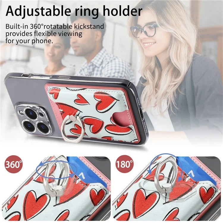 KB-46 Stick-On Card Holder Love Heart Pattern Leather Card Bag Finger Grip Kickstand