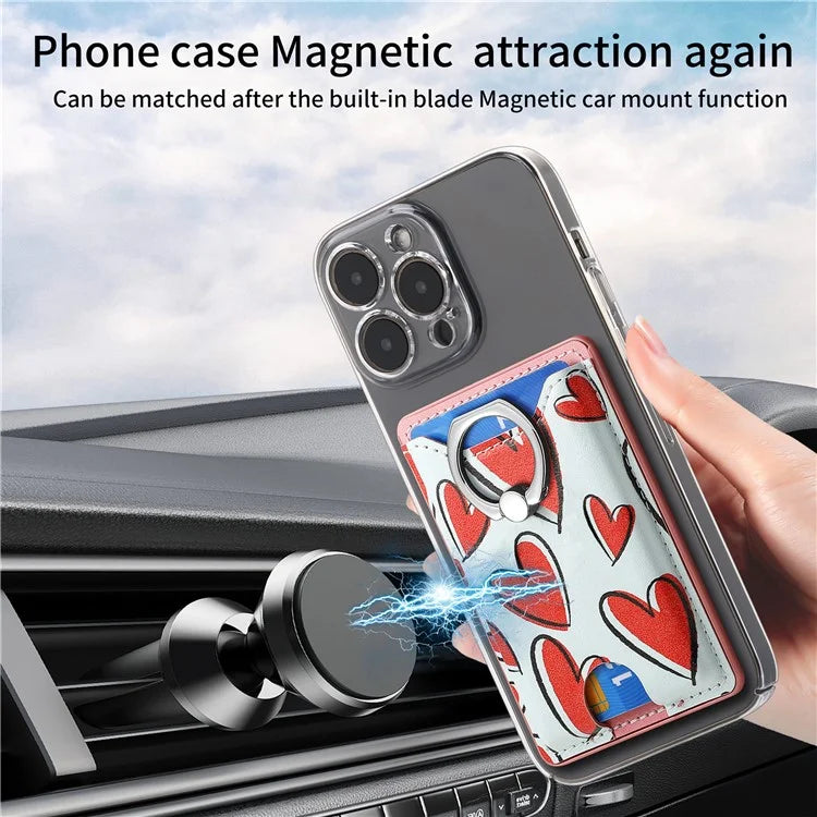 KB-46 Stick-On Card Holder Love Heart Pattern Leather Card Bag Finger Grip Kickstand