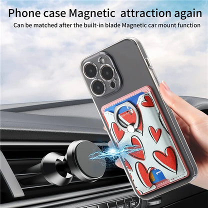 KB-46 Stick-On Card Holder Love Heart Pattern Leather Card Bag Finger Grip Kickstand
