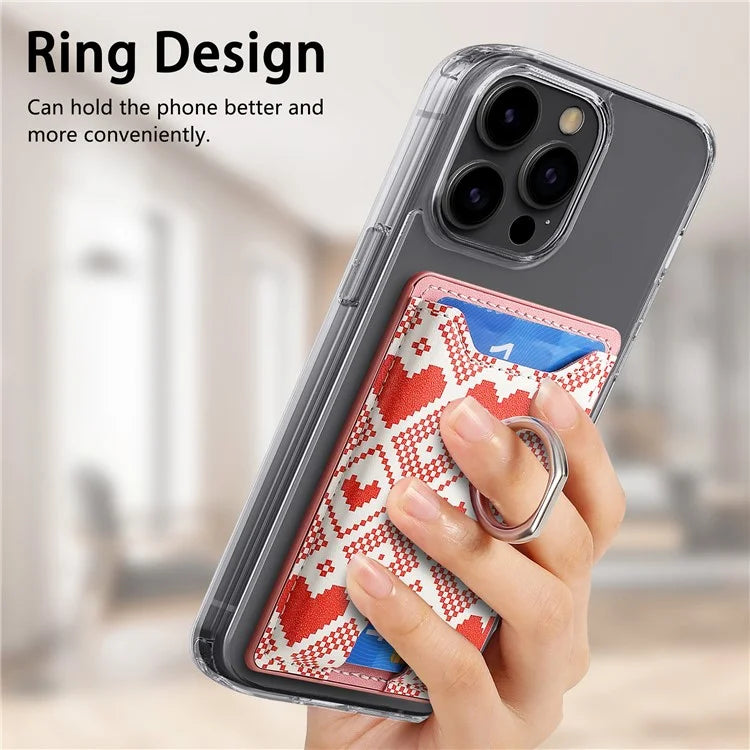 KB-46 Stick-On Card Holder Love Heart Pattern Leather Card Bag Finger Grip Kickstand