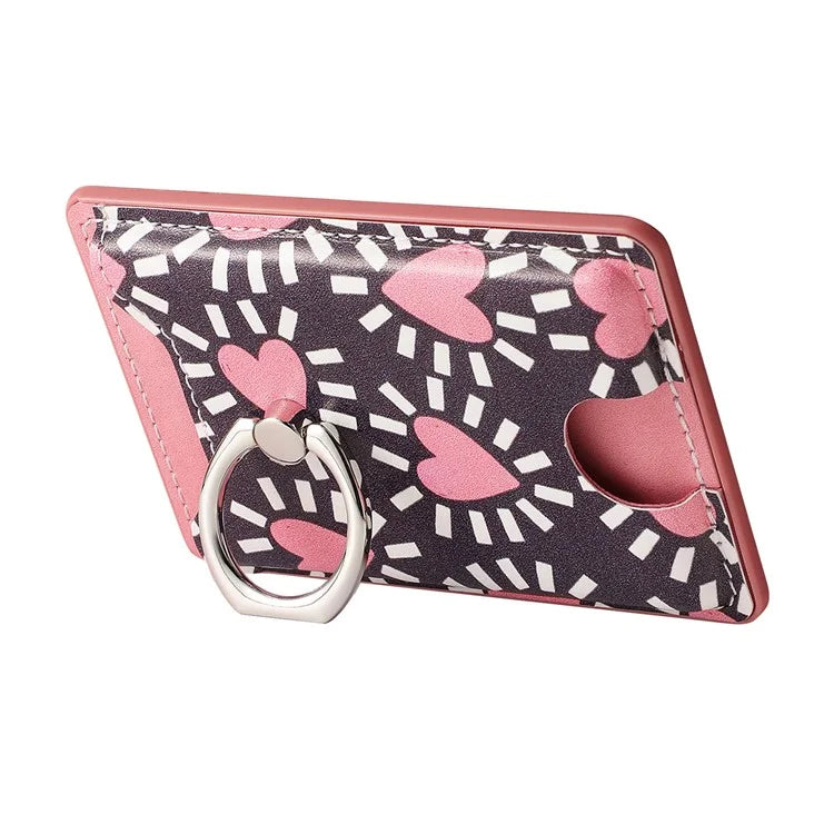 KB-46 Stick-On Card Holder Love Heart Pattern Leather Card Bag Finger Grip Kickstand