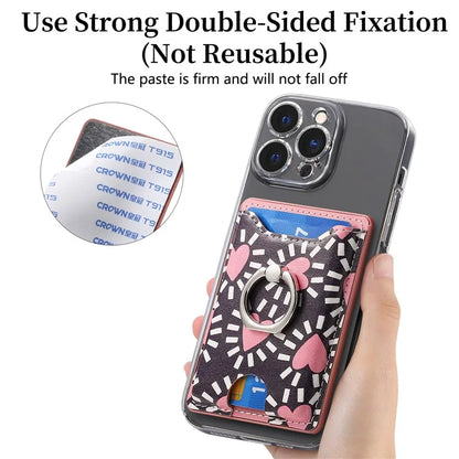 KB-46 Stick-On Card Holder Love Heart Pattern Leather Card Bag Finger Grip Kickstand