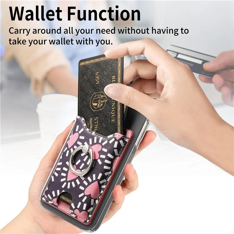KB-46 Stick-On Card Holder Love Heart Pattern Leather Card Bag Finger Grip Kickstand