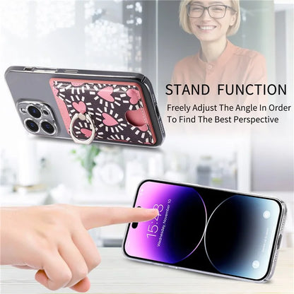 KB-46 Stick-On Card Holder Love Heart Pattern Leather Card Bag Finger Grip Kickstand