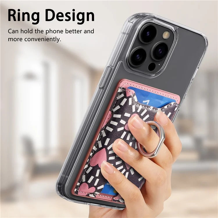 KB-46 Stick-On Card Holder Love Heart Pattern Leather Card Bag Finger Grip Kickstand