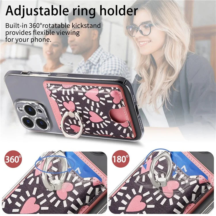 KB-46 Stick-On Card Holder Love Heart Pattern Leather Card Bag Finger Grip Kickstand