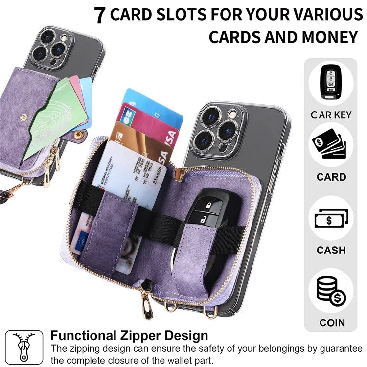 KB-37 Leather Credit Card Holder Adhesive Pouch Kickstand Card Bag with Long Strap