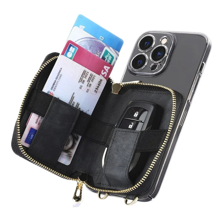 KB-37 Leather Credit Card Holder Adhesive Pouch Kickstand Card Bag with Long Strap