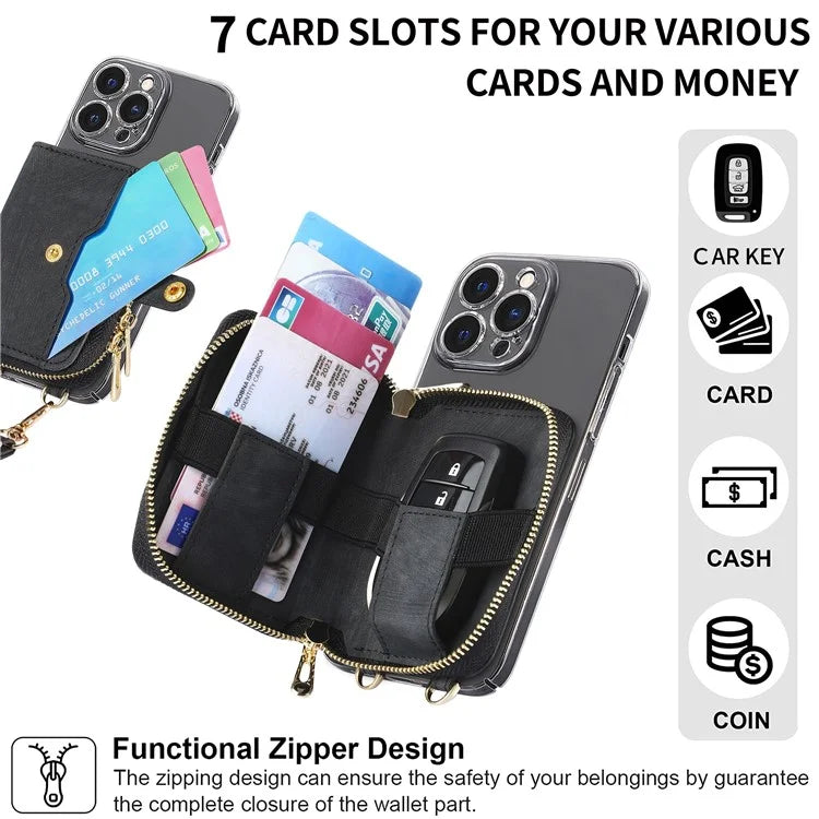 KB-37 Leather Credit Card Holder Adhesive Pouch Kickstand Card Bag with Long Strap