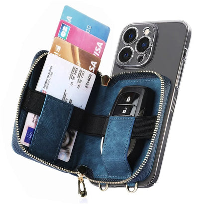 KB-37 Leather Credit Card Holder Adhesive Pouch Kickstand Card Bag with Long Strap