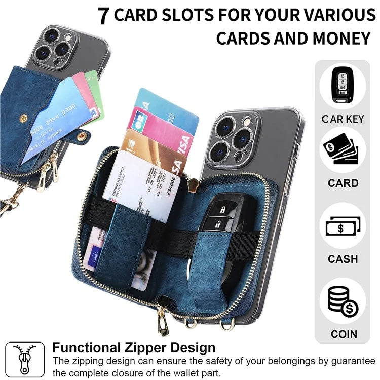 KB-37 Leather Credit Card Holder Adhesive Pouch Kickstand Card Bag with Long Strap