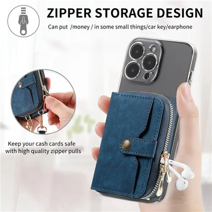 KB-37 Leather Credit Card Holder Adhesive Pouch Kickstand Card Bag with Long Strap