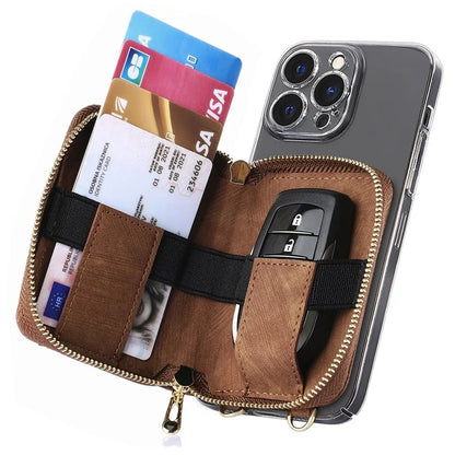 KB-37 Leather Credit Card Holder Adhesive Pouch Kickstand Card Bag with Long Strap