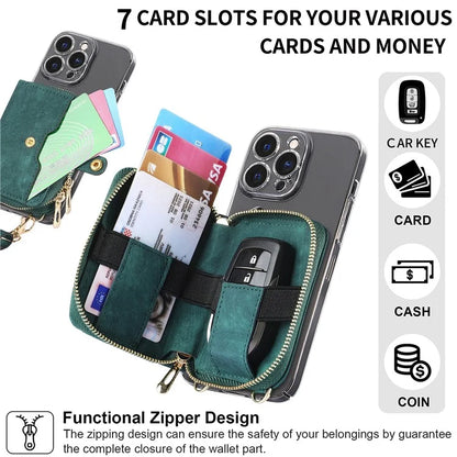KB-37 Leather Credit Card Holder Adhesive Pouch Kickstand Card Bag with Long Strap