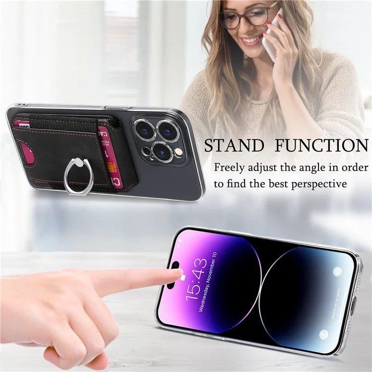 KB-61 Card Holder Adhesive Ring Kickstand Skin-Touch Leather Card Bag Sleeve Pouch