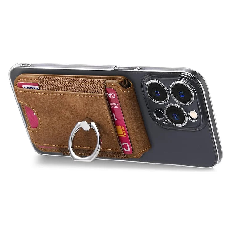 KB-61 Card Holder Adhesive Ring Kickstand Skin-Touch Leather Card Bag Sleeve Pouch