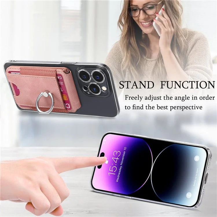 KB-61 Card Holder Adhesive Ring Kickstand Skin-Touch Leather Card Bag Sleeve Pouch