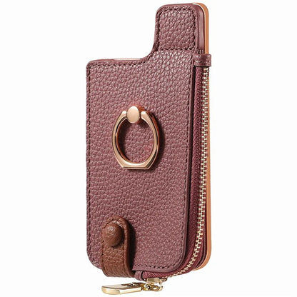 RFID Blocking Phone Card Bag Zipper Wallet Litchi Texture Leather Ring Card Holder