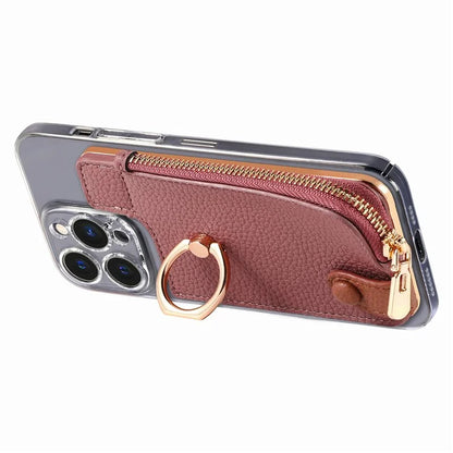 RFID Blocking Phone Card Bag Zipper Wallet Litchi Texture Leather Ring Card Holder
