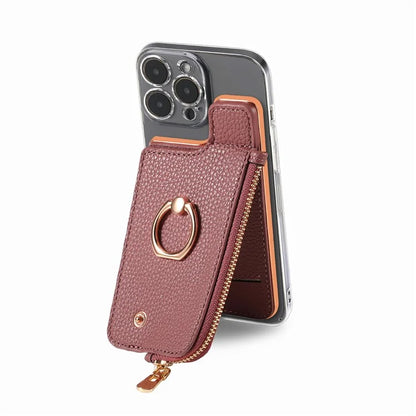 RFID Blocking Phone Card Bag Zipper Wallet Litchi Texture Leather Ring Card Holder