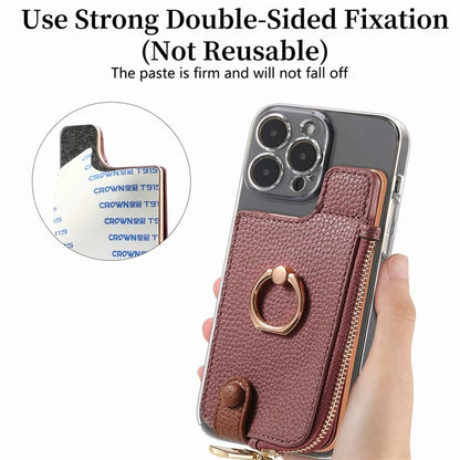 RFID Blocking Phone Card Bag Zipper Wallet Litchi Texture Leather Ring Card Holder