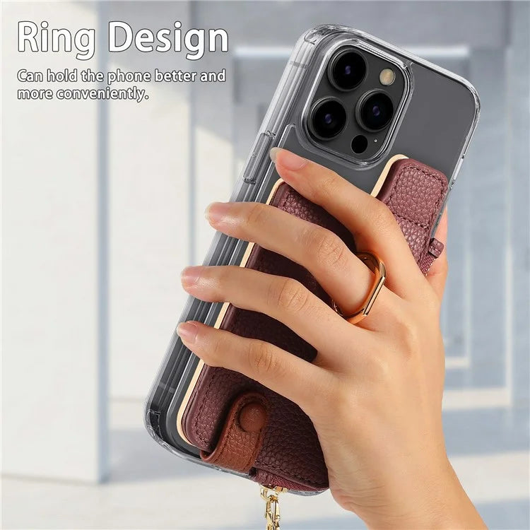 RFID Blocking Phone Card Bag Zipper Wallet Litchi Texture Leather Ring Card Holder