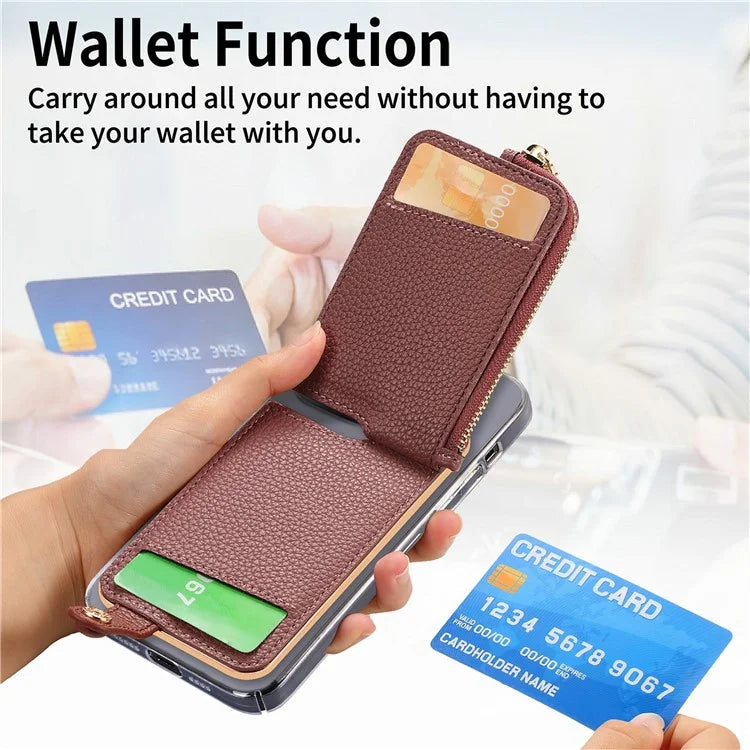 RFID Blocking Phone Card Bag Zipper Wallet Litchi Texture Leather Ring Card Holder