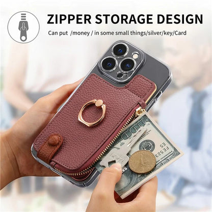 RFID Blocking Phone Card Bag Zipper Wallet Litchi Texture Leather Ring Card Holder