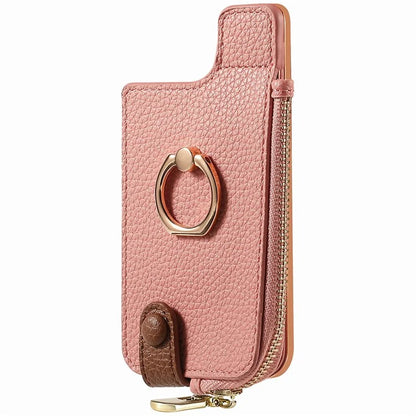 RFID Blocking Phone Card Bag Zipper Wallet Litchi Texture Leather Ring Card Holder