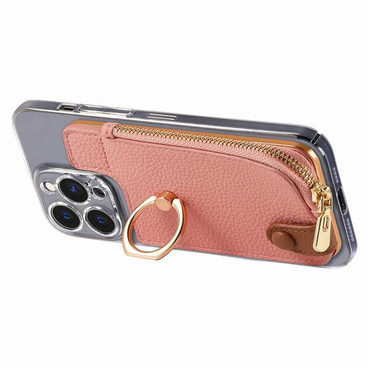 RFID Blocking Phone Card Bag Zipper Wallet Litchi Texture Leather Ring Card Holder